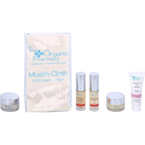 The Organic Pharmacy Rejuvenating Skincare Gift Set 10ml Antioxidant Cleansing Jelly + 10ml Enzyme Peel Mask + 10ml Rose Plus Age Renewal + 5ml Rose Plus Collagen Complex + 5ml Rose Plus Brightening Lotion + Organic Muslin Cloth
